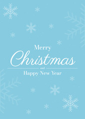 Light Blue Christmas Greeting Card with White Snowflakes and Elegant Merry Christmas and Happy New Year Typography
