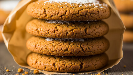 Gingerbread cookies stacked in paper bag on wooden table  