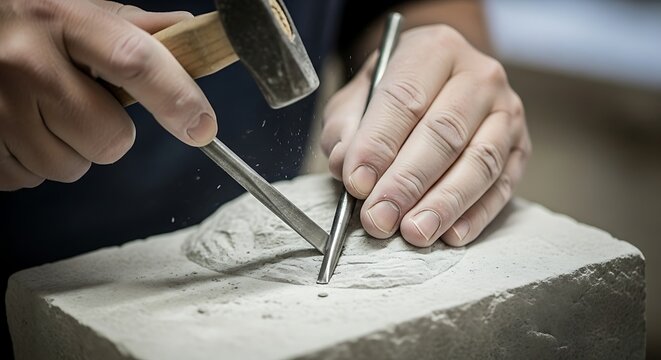 Artisan's hands crafting stone sculpture with hammer and chisels indoors