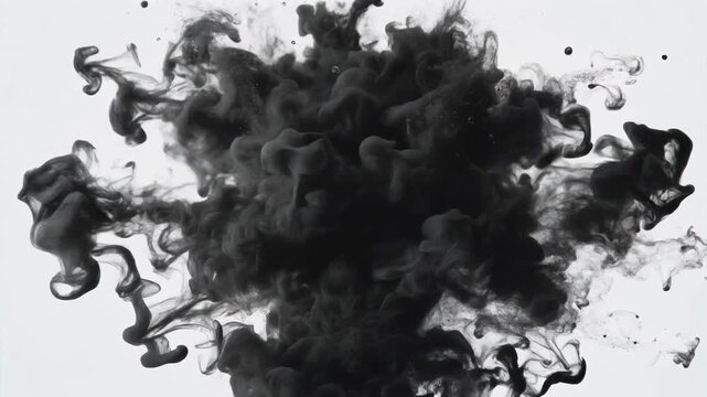 A mesmerizing slow-motion explosion of dense black ink billowing through transparent water, creating an abstract, smoky cloud formation on a white background