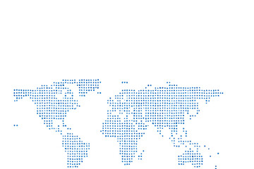 Fototapeta premium Minimal dotted world map in blue on white background, global network connection and international business infographic template with copy space 