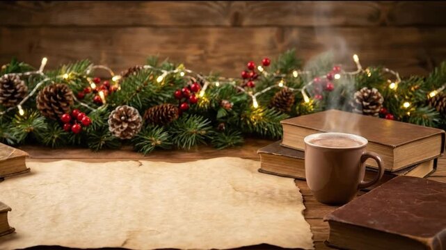 A charming still life captures the essence of festive warmth and winter coziness, featuring a rustic wooden table adorned with a vibrant holiday garland. The garland is meticulously decorated with lus