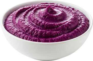A white bowl filled with vibrant purple puree showcasing a smooth creamy texture with swirling patterns on its surface food ingredient dip spread healthy