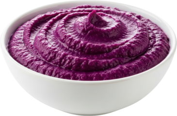 A white bowl filled with vibrant purple puree showcasing a smooth creamy texture with swirling patterns on its surface food ingredient dip spread healthy