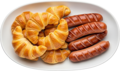 A white plate holding a cluster of golden brown croissants alongside grilled sausages showcasing a hearty breakfast assortment Food Pastry Meats Baked Goods