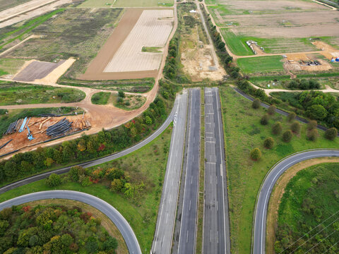 Aerial view of the closed highway A61 near the village of Keyenberg due to expanding mining activities, Germany