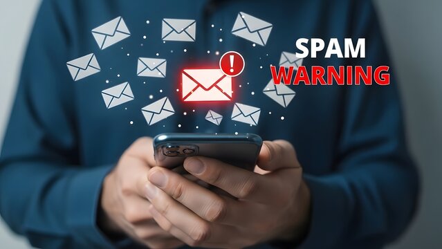Spam warning on phone email security concept
