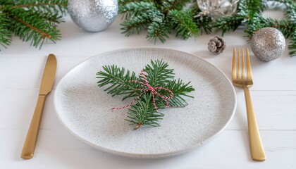 Elegant Christmas Place Setting with Gold Cutlery Ready for a Festive Holiday Feast, Sparkly Ornaments and Evergreen Boughs Add Cheer