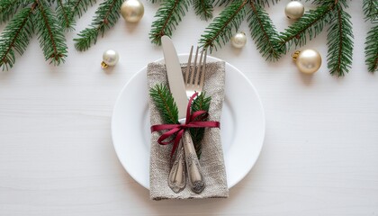 Elegant Christmas dining setting with ornaments and evergreen branches creates a festive mood for holiday gatherings and winter celebrations