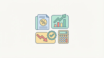 Financial Planning and Accounting Essentials, Illustrative Icons for Tax Returns, Income Growth, Expense Management, and Budget Calculations