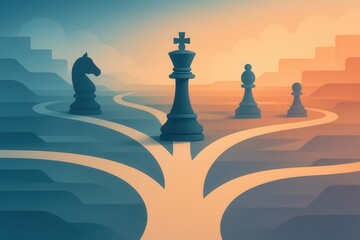 Abstract chess pieces symbolizing strategic decisions converging in a pastel landscape, emphasizing pathways of choice and the complexity of competitive strategy in modern contexts