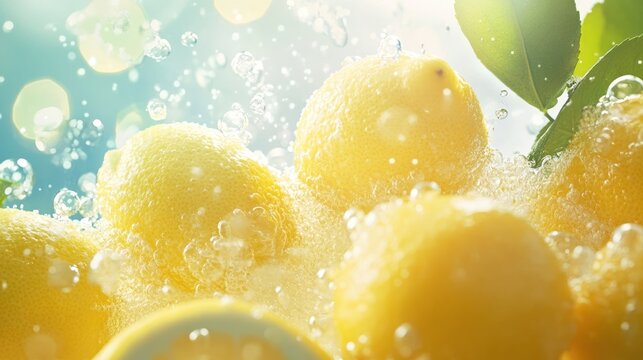 Fresh Lemons Splashing in Water with Bubbles