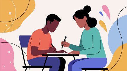 Pastel Flat Illustration of a Refugee Learning to Write with Volunteer Assistance