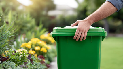 Hand of a person holding a green waste bin in a vibrant garden filled with colorful flowers, showcasing eco-friendly waste management practices and outdoor living