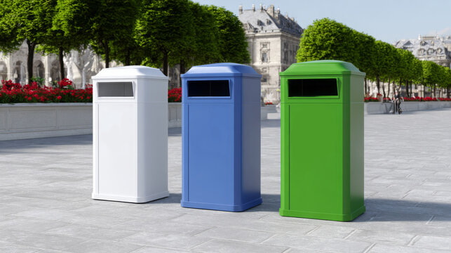 Three colorful trash bins in a public park setting, showcasing modern design and functionality, surrounded by greenery and vibrant flowers, promoting environmental awareness and cleanliness