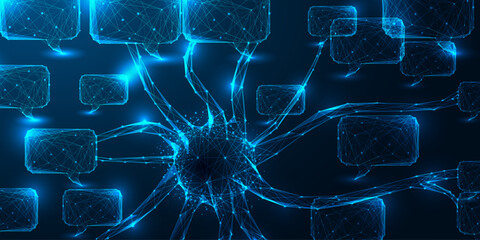AI neural network communication concept with abstract brain structure and speech bubbles