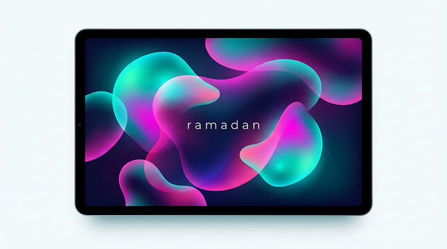 Abstract Ramadan greeting on a tablet screen with vibrant fluid shapes. - Powered by Adobe