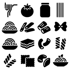 Assorted pasta icons: An illustrated collection showcases a variety of pasta shapes and ingredients, including spaghetti, tomatoes, jar and other pasta types.