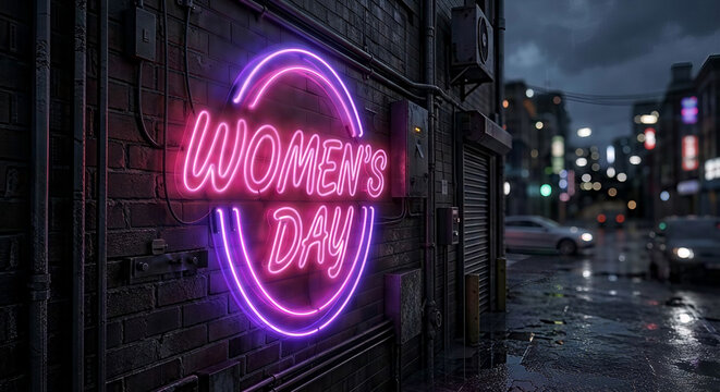 Glowing neon sign mounted on a dark brick wall reading WOMEN'S DAY. Women Day, International Women Day, Happy Women Day, Happy International Women Day