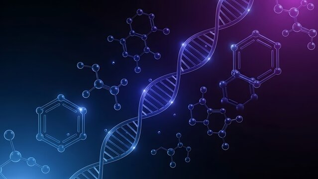 Abstract DNA helix and molecular structures in blue and purple light.