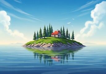Secluded island getaway with cozy house reflected in serene lake illustration