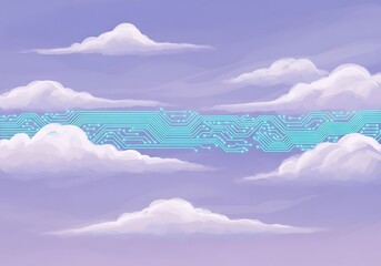 Serene sky landscape with circuit board bridge, connecting ethereal clouds