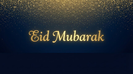 Eid Mubarak Golden Text on Dark Blue Background with Glitter.