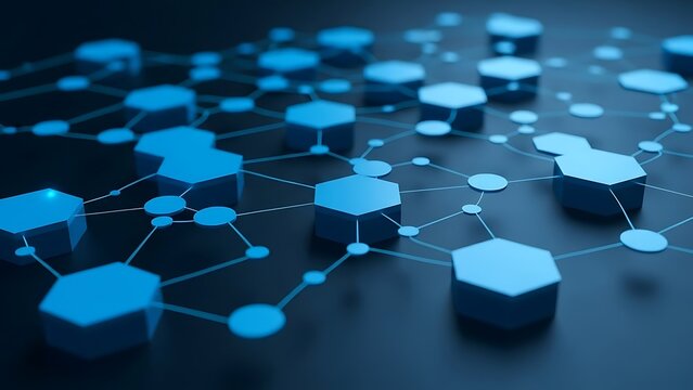 Abstract glowing blue hexagonal nodes connected in a digital network.