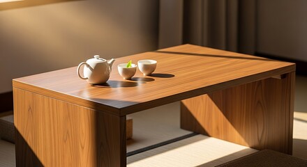 Tranquil morning with traditional tea service on wooden table scene