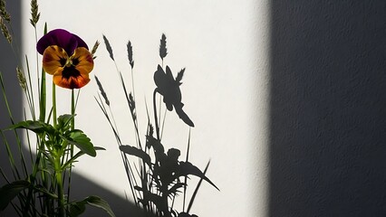Tranquil pansy blooms casting shadows on a textured surface, harmony of nature