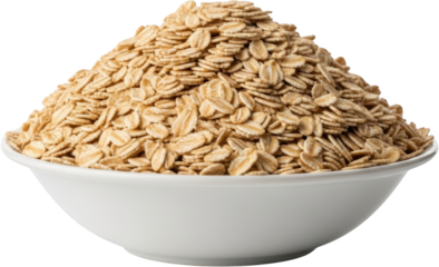 A white bowl overflowing with uncooked rolled oats showcasing a pile of light brown flakes against a plain background oatmeal cereal grain breakfast food