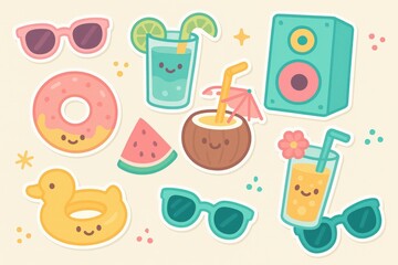 Fototapeta premium Colorful quirky summer themed stickers featuring cheerful illustrations of sunglasses, drinks, and treats evoking a playful outdoor vibe and joyfulness