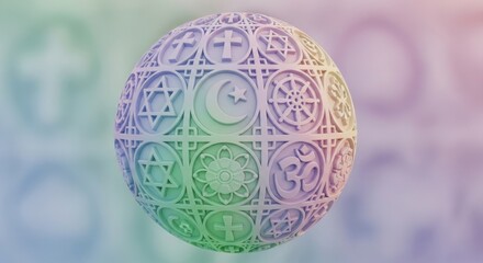 World religions symbols on sphere, interfaith dialogue, religious tolerance concept.