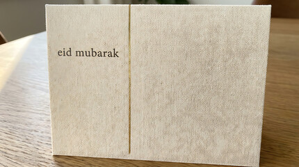 Eid Mubarak card on wooden table.