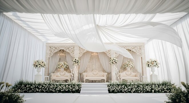 Opulent stage setup for a ceremonial event with rich design elements
