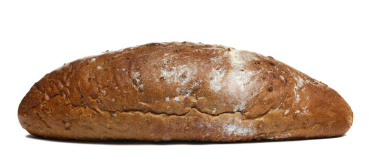 wholemeal black wheat bread with sesame seeds isolated on white background, side view