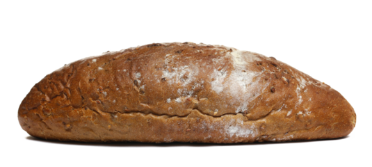 wholemeal black wheat bread with sesame seeds isolated on white background, side view