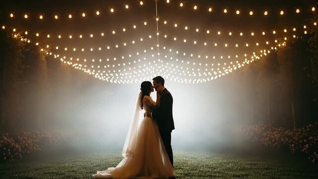 Magical wedding night under a canopy of fairy lights, a romantic embrace in the enchanting mist