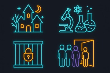 Neon illustrations of haunted house, scientific laboratory, locked cell, and group of people exiting door conveying themes of mystery, exploration, and knowledge transformation