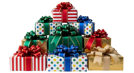 Colorful gift boxes stacked for christmas holiday presents on transparent background