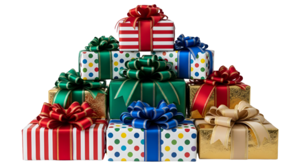 Colorful gift boxes stacked for christmas holiday presents on transparent background