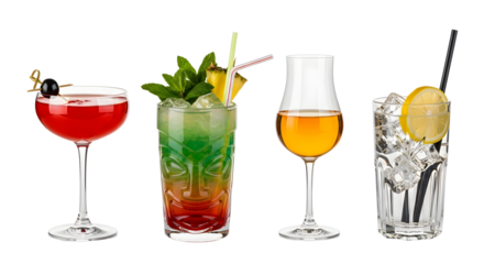 Assorted cocktail drinks alcoholic beverages bar concept on transparent background