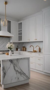 Modern Kitchen Island with Marble Countertop and Bar Stools.