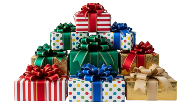 Colorful gift boxes stacked for christmas holiday presents on transparent background