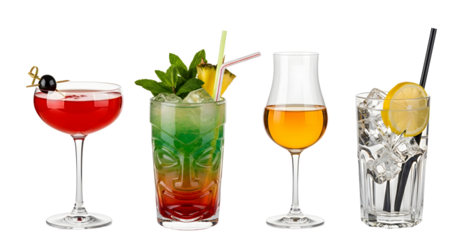 Assorted cocktail drinks alcoholic beverages bar concept on transparent background