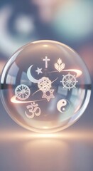 Symbols of major world religions inside a crystal ball, representing faith and spirituality.