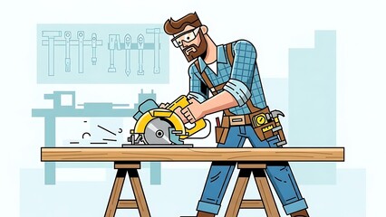 Illustrated Male Carpenter Cutting a Wooden Plank with a Circular Saw.