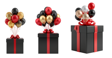Gift box with a bow and balloons isolated on a transparent background, 3D design