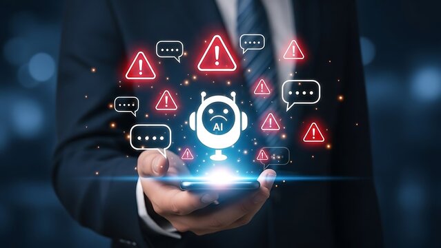 AI Chatbot Security Alert - Businessman Holding Smartphone with Warning Symbols.