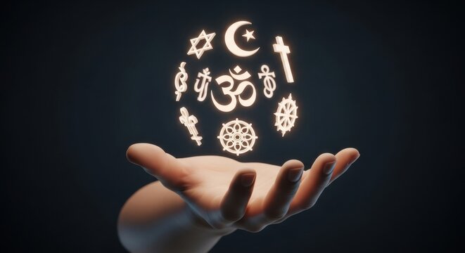 Hand holding glowing symbols of major world religions. Concept of faith and spirituality.